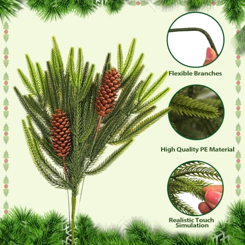 Artificial Norfolk Pine Branches with Pinecones - 16 Pcs, 18 Inch Greenery for Holiday Decor, DIY Garland, Vase Filler (Variation: 16Norfolk Pine+5Pinecone)