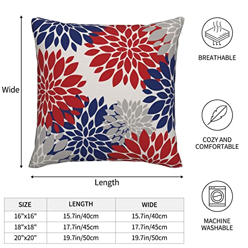 18" x 18" Blue and Red Dahlia Throw Pillow Covers - 2 Pack for 4th of July