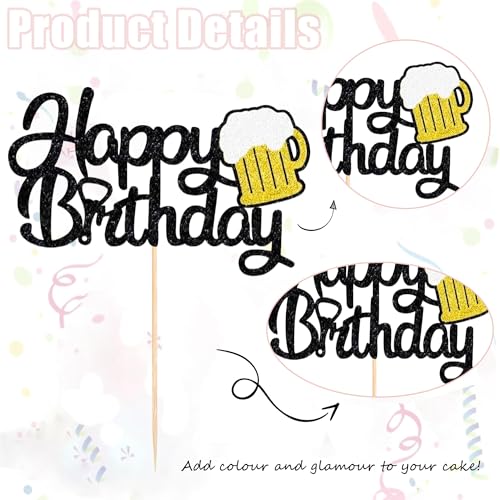 Beer Birthday Cake Topper - Black Glitter Decoration for Parties