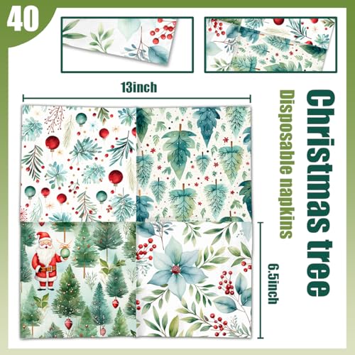 Christmas Tree Napkins - 40 Pcs Green Holiday Disposable Paper Napkins for Xmas Party