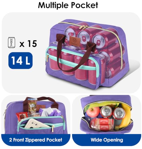Genteen 14L Insulated Lunch Bag for Women - Leakproof Quilted Purple Tote