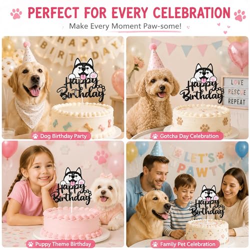 Husky Cake Topper - Black Glitter Birthday Decorations for Kids