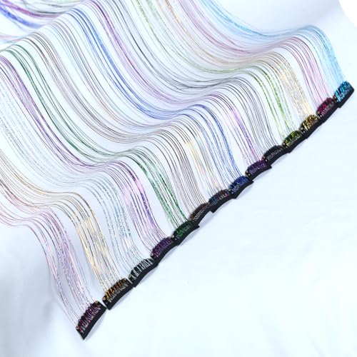 BALINGHAIR Clip-In Black Hair Tinsel Extensions 22 Inch 12 Pcs Glitter Fairy Hair Accessories