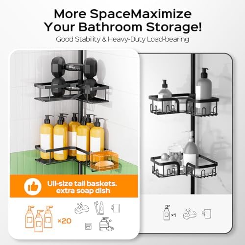 HAMITOR Shower Caddy - 4-Tier Rustproof Bathroom Organizer with Soap Holder & Hooks | Adjustable Tension Pole 47-123 Inch - Black