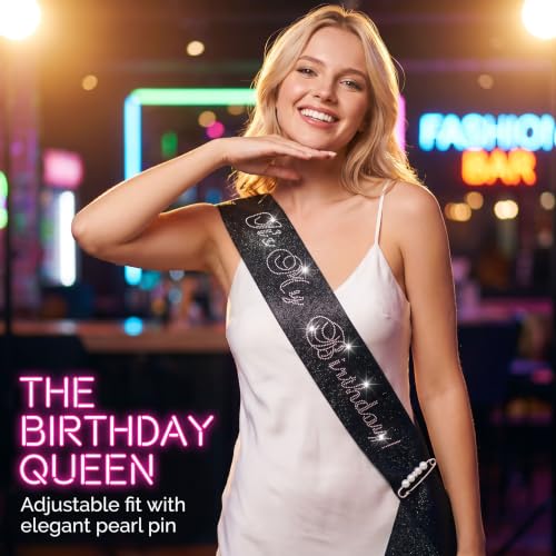 It's My Birthday Black Glitter Sash with Pearl Pin for Women