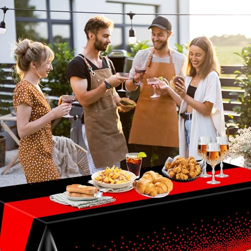 4-Pack Black and Red Disposable Tablecloths - 54 x 108 Inch Party Decor