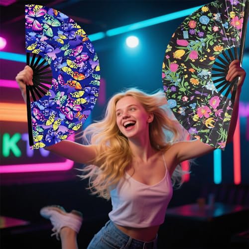 Large Folding Hand Rave Fan - Butterfly UV Glow Festival Fan