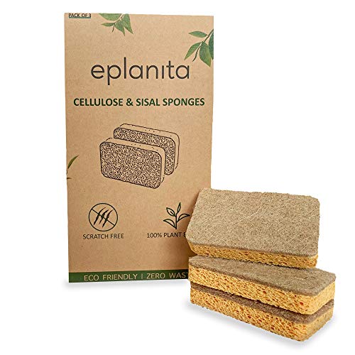 eplanita Biodegradable Plant-Based Scrub Sponges - 3 Pack, Non-Scratch