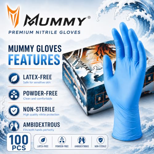 Mummy Blue Textured Nitrile Gloves 4 Mil S-100 Disposable Powder-Free for Tattoo, Beauty, Home, Gardening