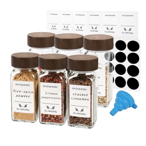 ZUFECY 4oz Square Glass Spice Jars with Airtight Acacia Wood Lids - 6 Pack