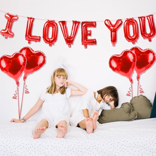 I Love You Balloons Set - 12 PCS Red Heart Foil Balloons for Valentine's Day