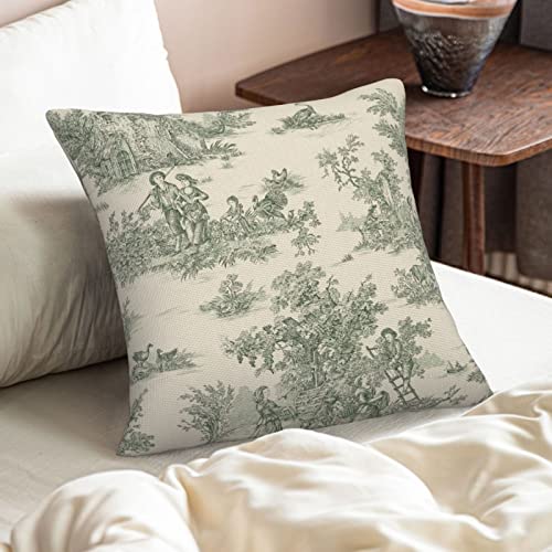 CALHogar 18x18 French Toile Pillow Cover - Vintage Jouy Green Burlap
