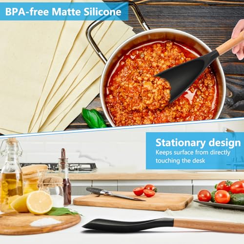 Heat-Resistant Silicone Cooking Spoon with Wooden Handle - 13.4''