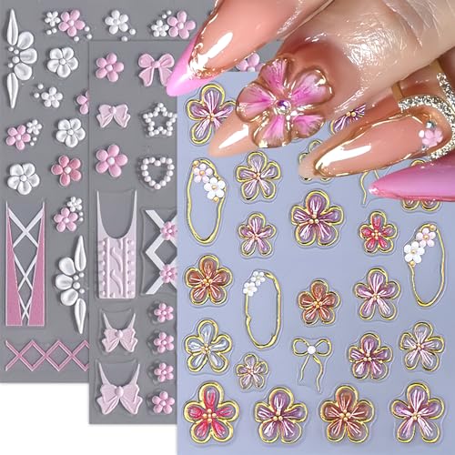 SHUXILIN 3Pcs 5D Embossed Pink Flower Nail Art Stickers Self-Adhesive Bow Decals