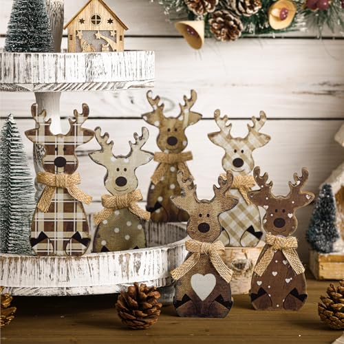 Wooden Reindeer Christmas Decor Set - Farmhouse Rustic Holiday Accent, 6 Pieces