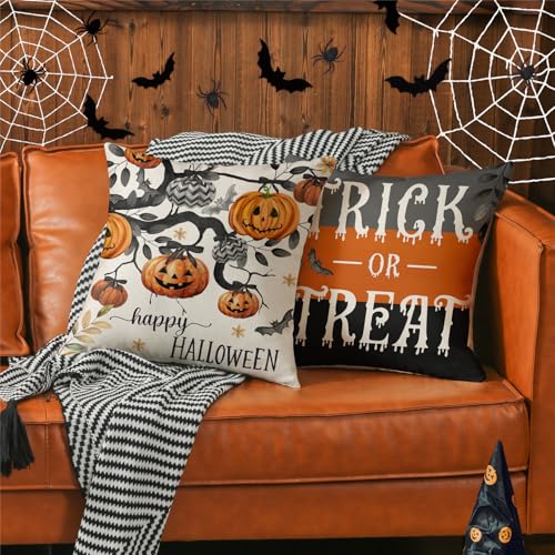 Halloween Pumpkin & Spooky Fall Leaves Throw Pillow Covers Set of 4 18x18