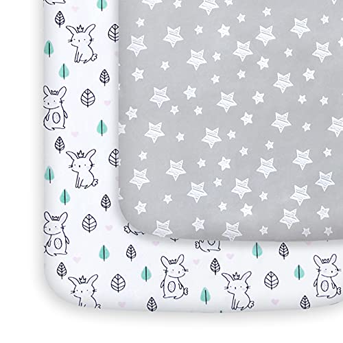 Moonsea 2-Pack Mini Crib Sheets, Stars & Bunny Playard Fitted Sheets