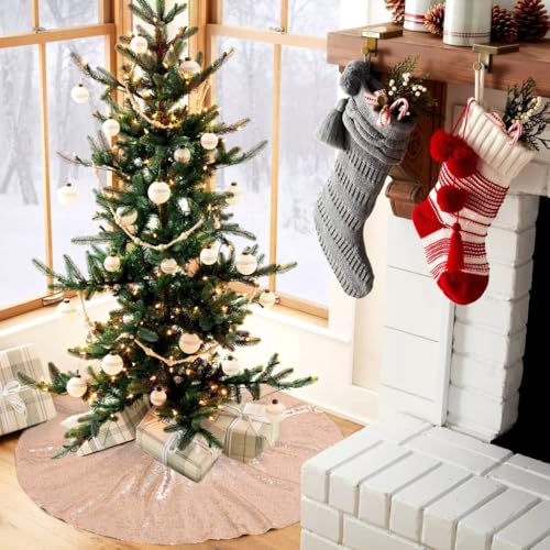 36-Inch Rose Gold Sequin Christmas Tree Skirt with Satin Mesh - Holiday Decor