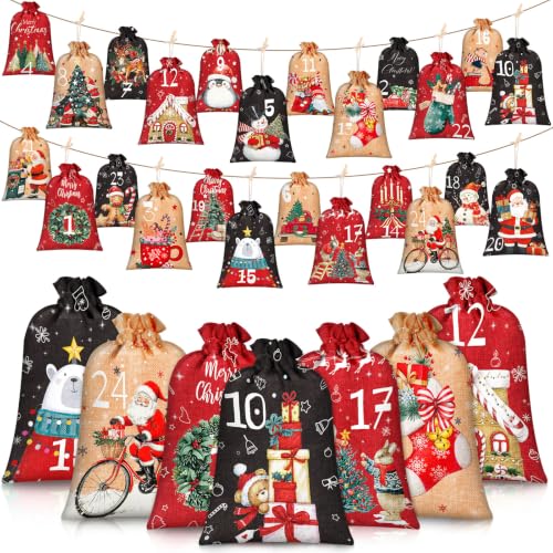 24 Pcs Reusable Christmas Advent Calendar Number Bags with Rope & Clips - Classic