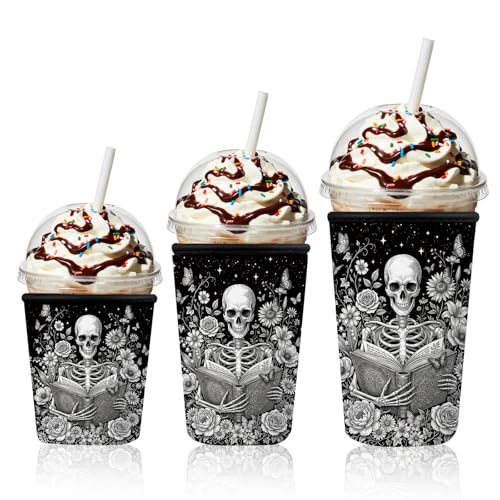 Skeleton Reading Iced Coffee Cup Sleeve 3-Pack - Gothic Book Lover Gift 01