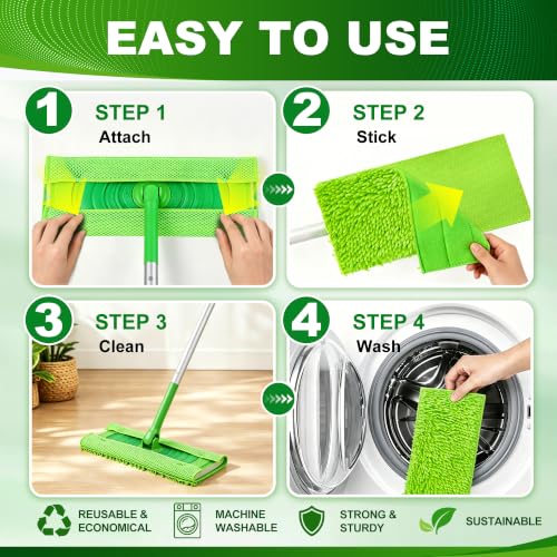 Green Microfiber Mop Pads for Swiffer Sweeper - 1 Base & 10 Reusable Refills