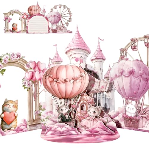 3D Pink Cats Wedding Card - Romantic Fairytale Congratulations