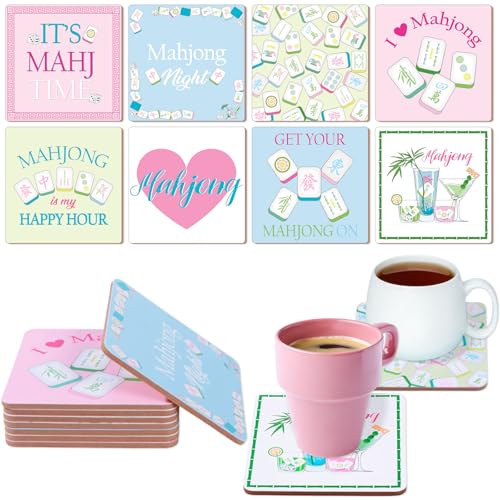 Square Cork Coasters Set with Holder - 8 Pack Majiang Design, 3.94 x 3.94 inch