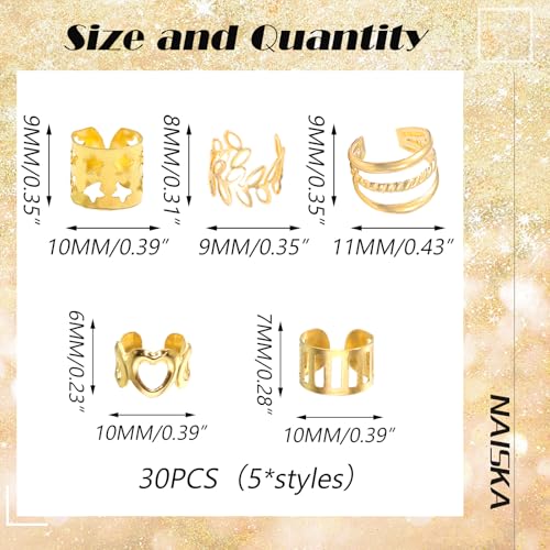 NAISKA 30Pcs Gold Hair Cuffs and Dreadlock Beads for Braids