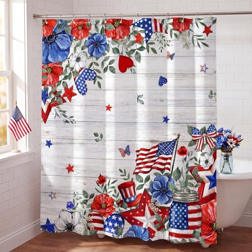 4th of July Shower Curtain - Patriotic American Flag Decor, 72 x 71 Inch with Hooks