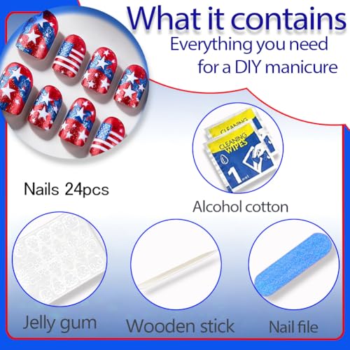 American Flag Press On Nails Patriotic Short Fake Nails Red White Blue