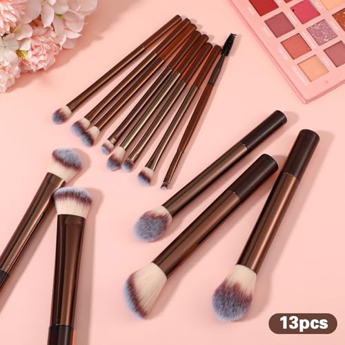 13-Piece Brown Professional Makeup Brush Set with Synthetic Bristles