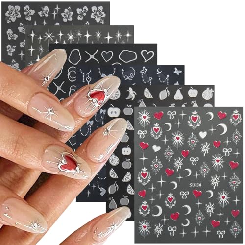 FOXIIU 6 Sheets Silver Nail Art Stickers, 3D Self-Adhesive Moon Star Floral Decals