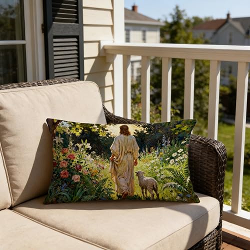 Christian Jesus and Lamb Pillow Cover D 12x20 - Religious Home Decor