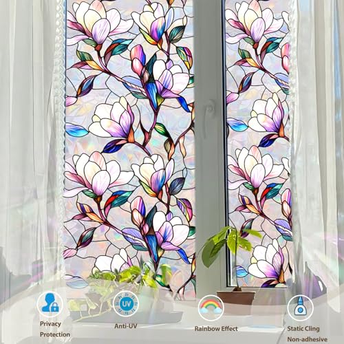 Rainbow Magnolia Stained Glass Window Privacy Film 17.5"x78.7"