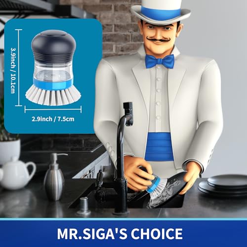 MR.SIGA Soap Dispensing Dish Brush - Refillable Non-Scratch Kitchen Scrubber, Navy/Blue