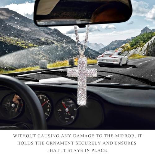 Crystal Rhinestone Cross Pendant for Rearview Mirror - Silver