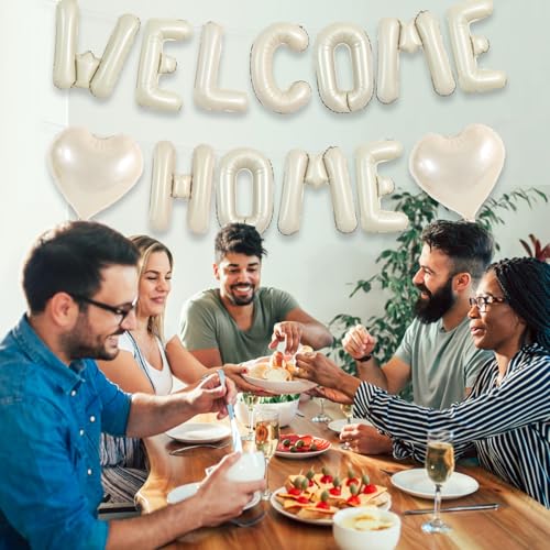 WELCOME HOME Foil Balloon Banner Set with Heart Balloons - 16 Inch Cream White Decor for Homecoming & Parties