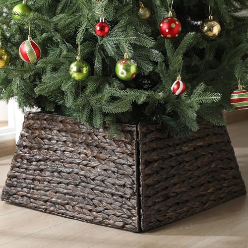 Christmas Tree Collar Water Hyacinth Woven Farmhouse Square Base Cover - Brown Black - 22 Inch