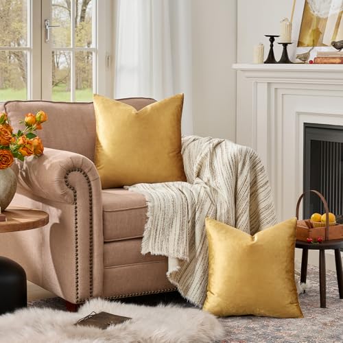 GIGIZAZA Golden Velvet Pillow Covers 18x18 - Pack of 2 Decorative Cushions