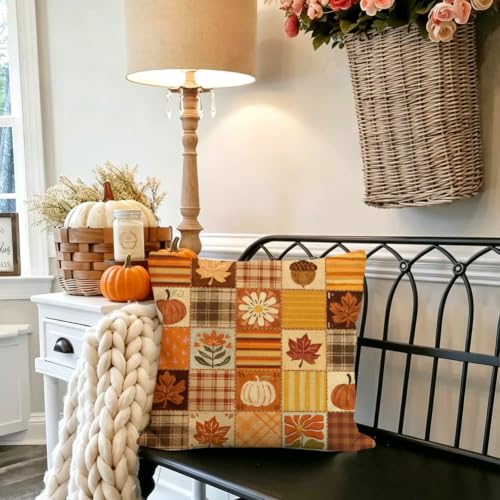 Fall Outdoor Pillow Cover 18x18, Waterproof Pumpkin Plaid Decor
