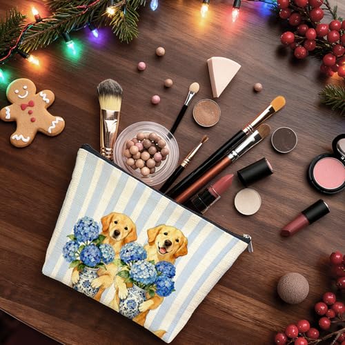 Golden Retriever Makeup Bag Blue Chinoiserie Floral Cosmetic Pouch