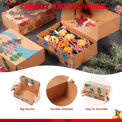 Christmas Cookie Gift Boxes with Window - 12 Pack, Kraft Bakery Tins for Pastries and Baked Goods - Variety of 3 Designs - 8.75 x 5.75 x 2.75 Inches