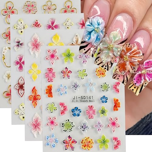 5D Embossed Floral Nail Stickers Lily & Hibiscus Decals, 4 Sheets