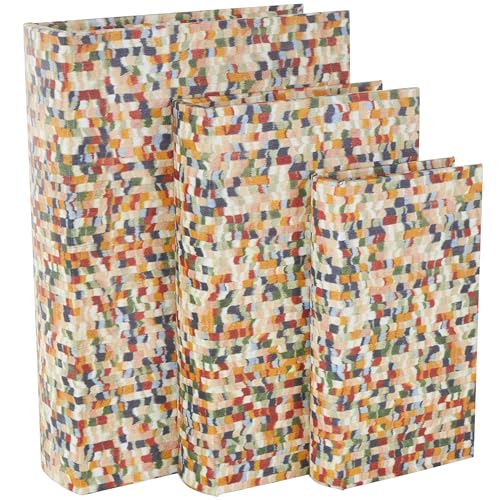 Deco 79 Faux Leather Decorative Box Faux Book Storage Book Shaped Boxes with Multi-colored Geometric Patterns, Set of 3 Decorative Keepsake Boxes 13", 11", 9" H, Multi Colored