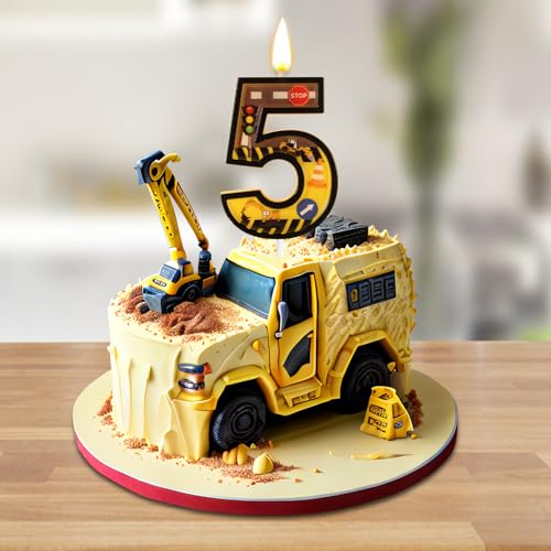 Construction Birthday Candle - Yellow & Black Striped Number 5 Cake Topper
