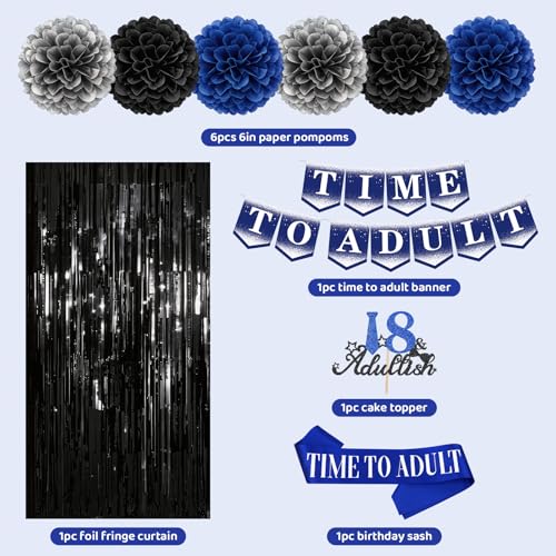 Blue Black 18th Birthday Party Decorations Kit with Balloon Banner & Sash