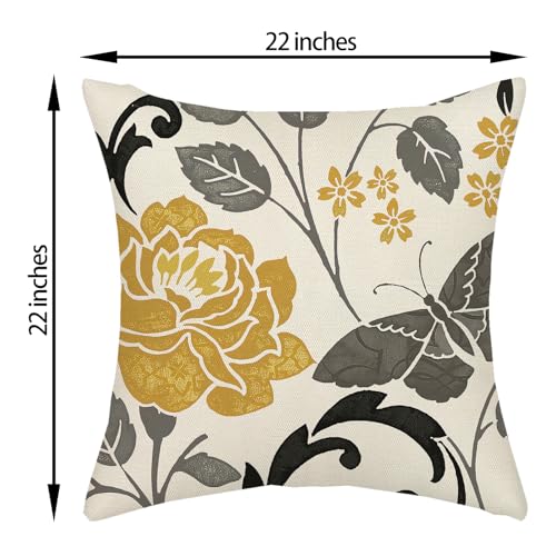 Mustard Yellow Vintage Floral Throw Pillow Covers 22x22" - 2 Pcs