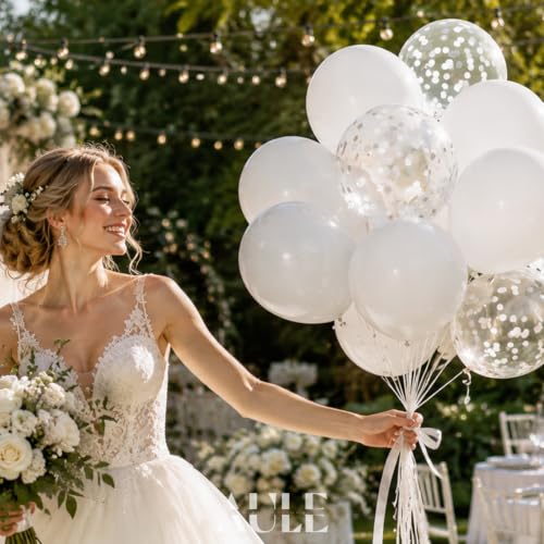 AULE White Confetti Balloons Set - 42pcs 12 Inch Latex & Confetti Balloons for Parties