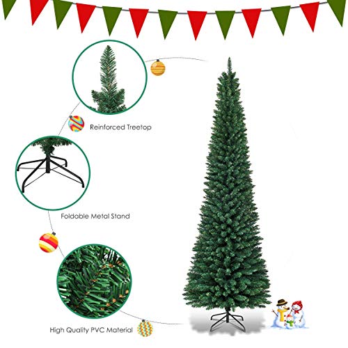 9ft Artificial Pencil Christmas Tree - Premium Hinged Pine with Solid Metal Legs - Green