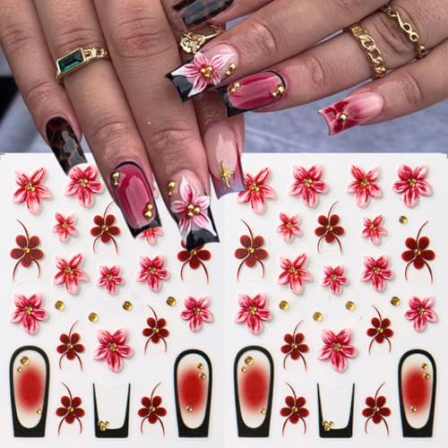5D Embossed Flower Nail Stickers - 2 Sheets Blush French Nail Art Decals